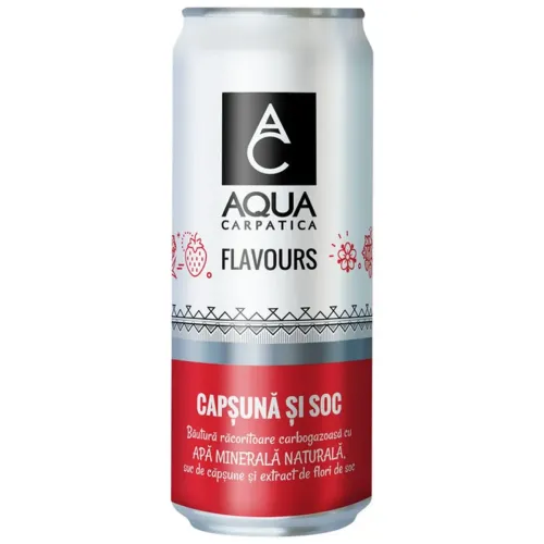 Aqua Carpatica Flavours Băutură carbogazoasă cu aromă de capşună şi soc, 330ml.