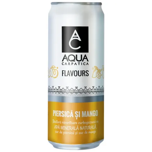 Aqua Carpatica Flavours Băutură carbogazoasă cu aromă de piersică şi mango, 330ml.