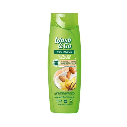 Wash & Go şampon pentru păr uscat şi deteriorat cu extract de vanilie, ulei de migdale si lapte de ovăz, 360ml